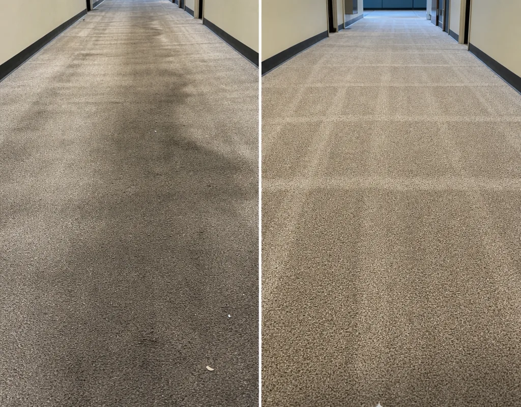 High-traffic hallway carpet before and after cleaning, showing reduced graying and lifted pile under matching lighting