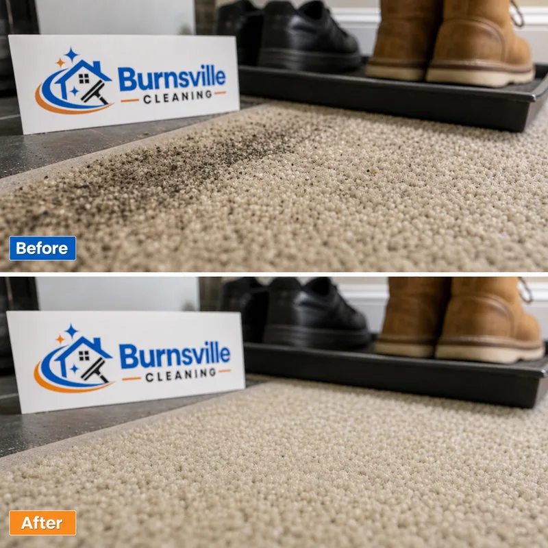 Entryway carpet fibers after grit removal and hot water extraction, with restored texture and a shoe tray in the background
