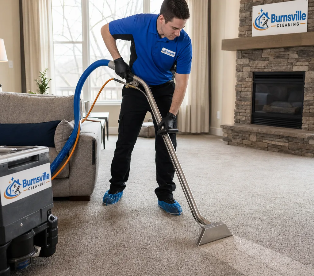 Technician cleaning a living room carpet in a Burnsville home with a professional hot water extraction wand, neatly managed hoses, and visible carpet texture