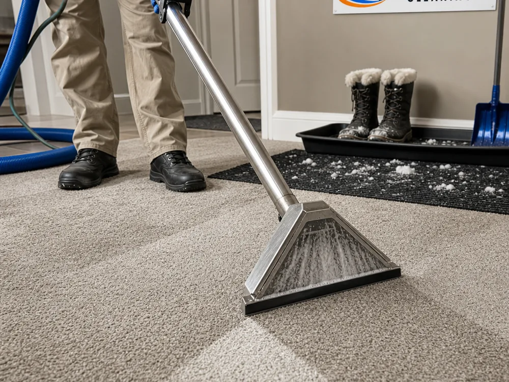 Carpet cleaning wand extracting water from medium-pile carpet near a winter entry mat and boot tray
