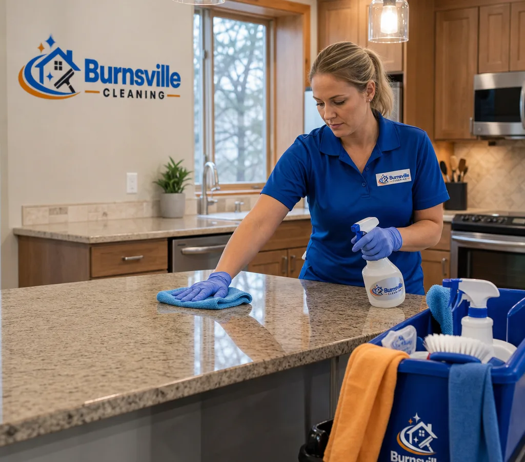 Cleaner wiping and disinfecting a kitchen countertop in a tidy Burnsville-area home with caddies and microfiber cloths visible