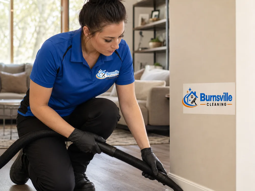 Cleaner vacuuming along baseboards in a living room, showing edge and detail work rather than wide-open floor only