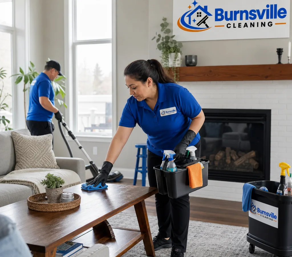 Cleaner vacuuming and wiping surfaces in a bright, lived-in Burnsville living room