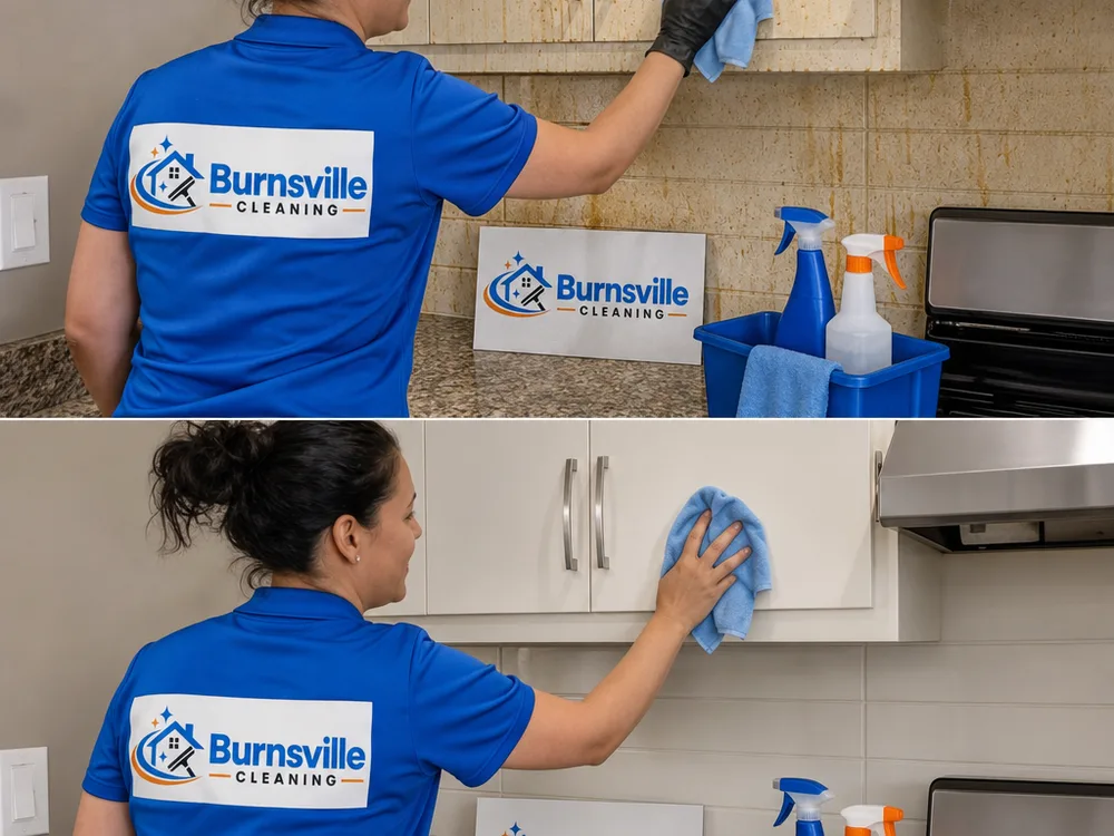 Cleaner wiping kitchen cabinet fronts and backsplash near a stove in a Burnsville home