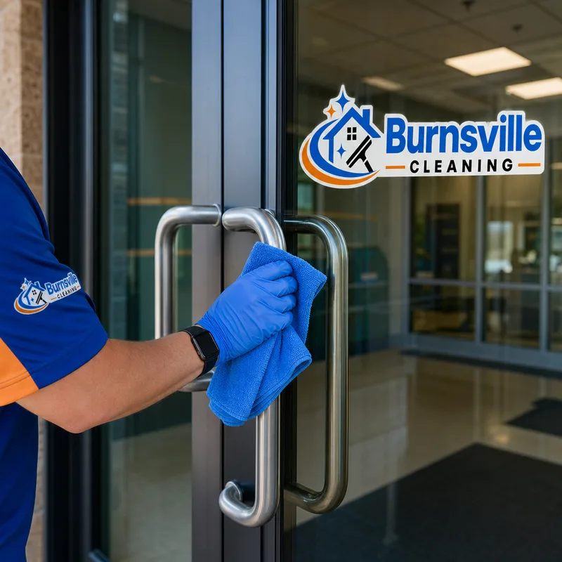 Freshly cleaned office entry with vacuumed entry mats, wiped glass door handles, and streak-free glass