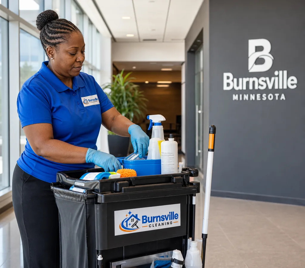 Commercial cleaner restocking a janitorial cart in a modern Burnsville office hallway, with clear signage and clean floors visible in the background