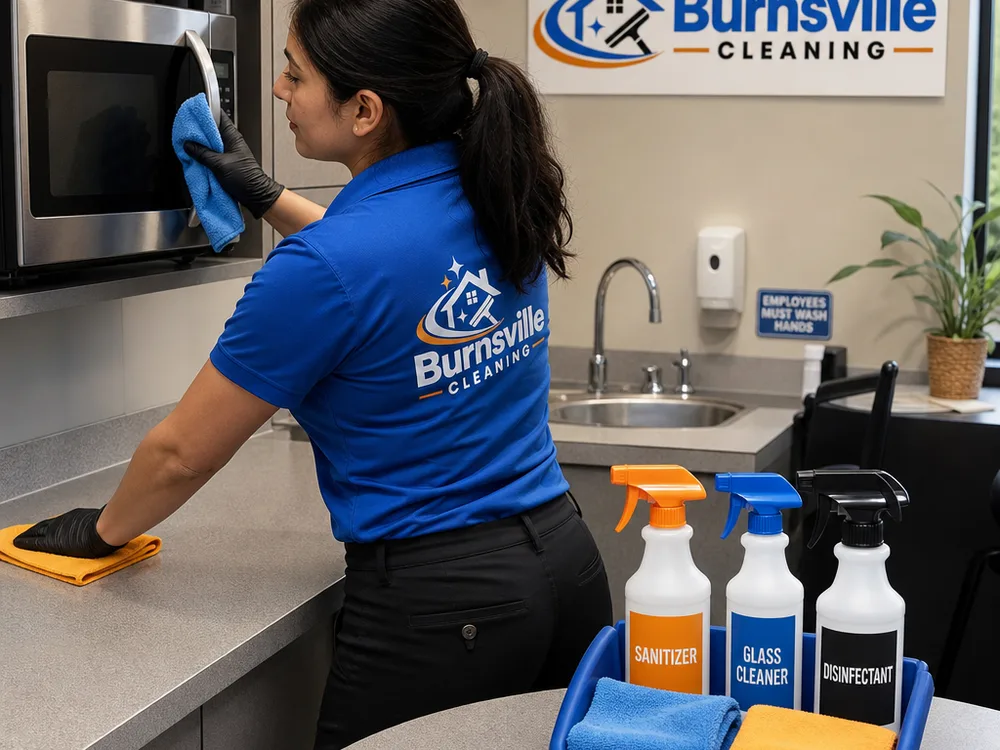 Cleaner disinfecting high-touch points in an office breakroom with color-coded microfiber cloths and labeled spray bottles