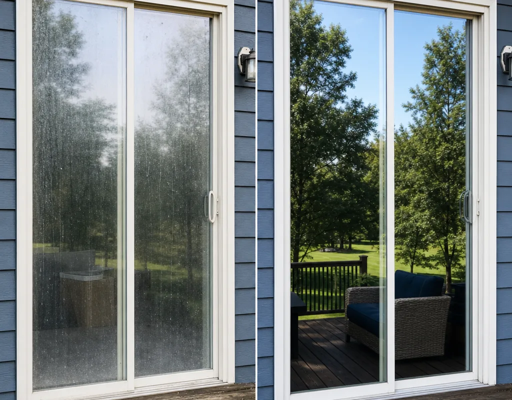 Side-by-side style photo showing a patio door exterior before cleaning with visible haze and water spots and after cleaning with clear reflections and crisp edges
