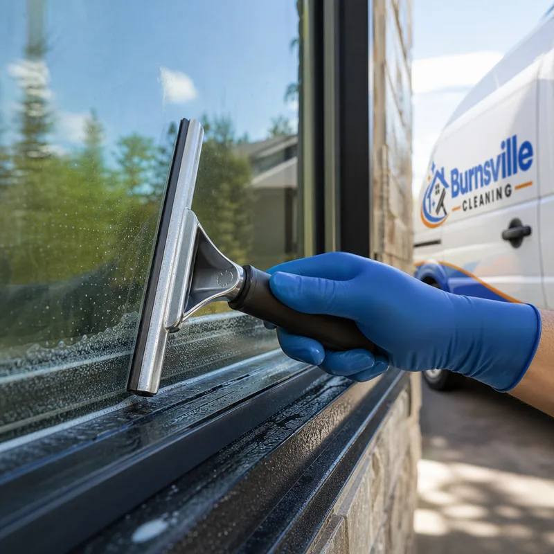 Close-up of a squeegee pass on exterior residential glass with visible edge detailing at the frame and sill, showing clean line work and no streaks