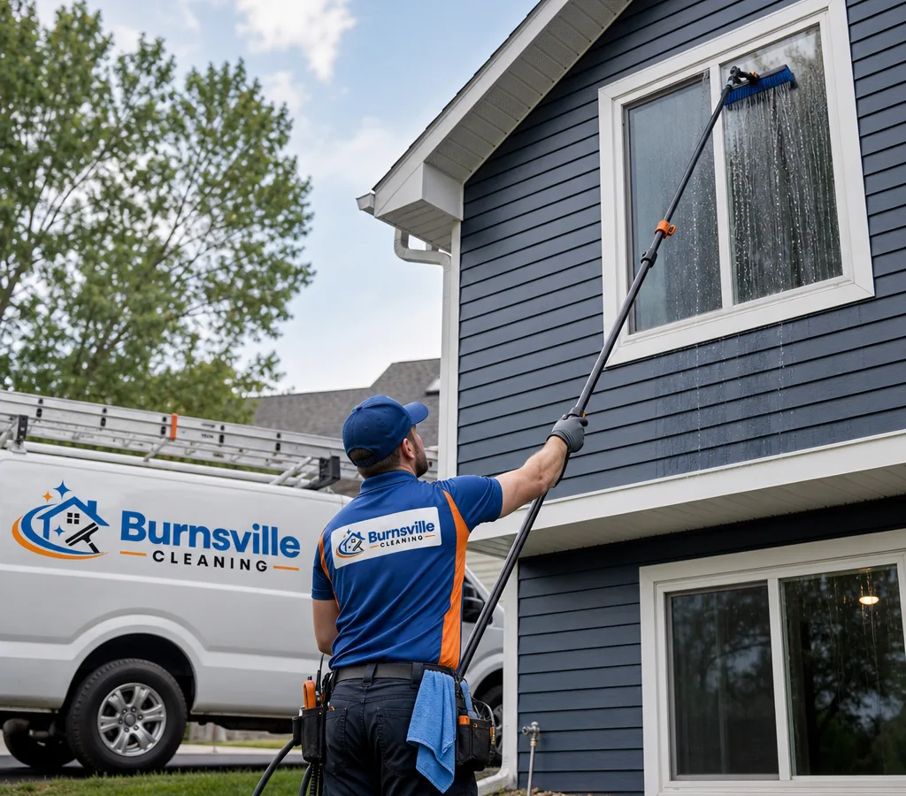 Technician cleaning second-story exterior windows on a Burnsville-area home using a water-fed pole system, with droplets and rinse pattern visible on the glass