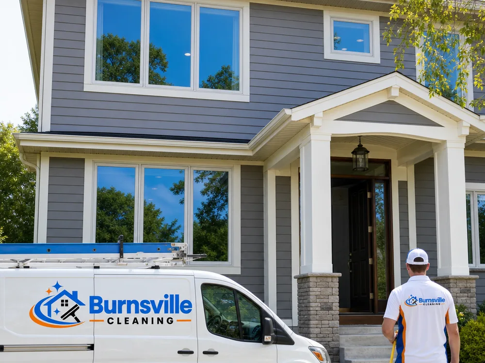 Cleaned residential front elevation with multiple windows reflecting sky cleanly, with frames and sills wiped down and no visible streaking