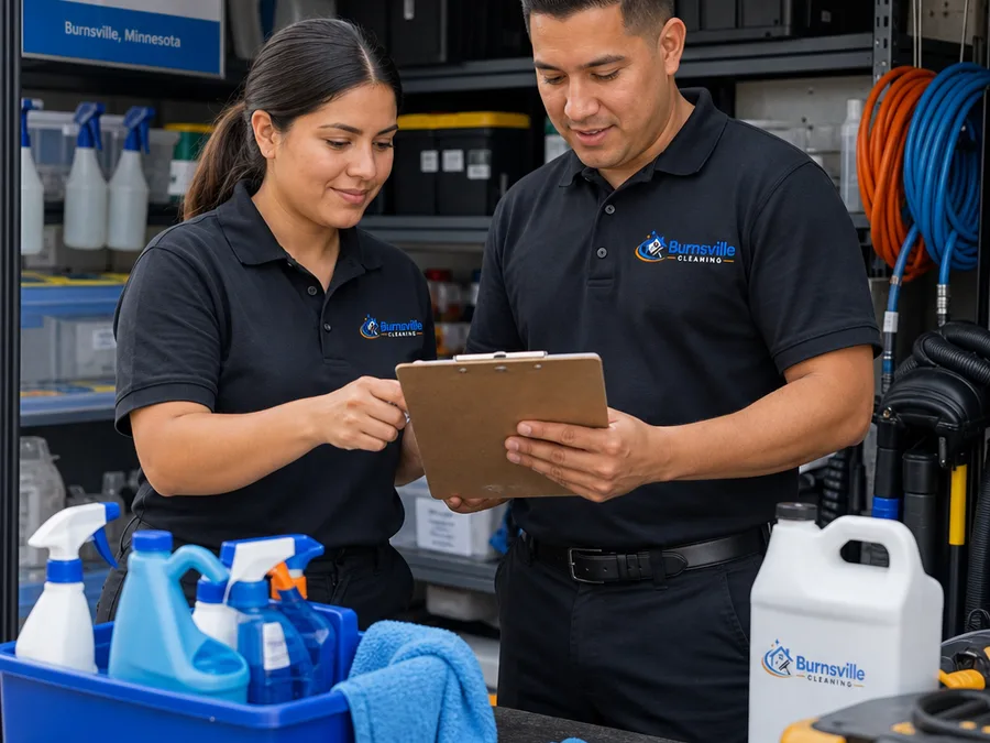 Two-person cleaning team restocking supplies and reviewing a checklist at a workbench before heading to a job