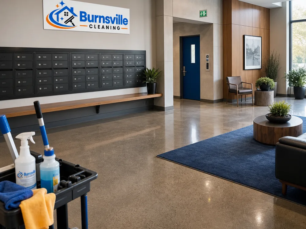 Apartment building lobby after cleaning with a tidy seating area, clean mail and package surfaces, and polished hard floors